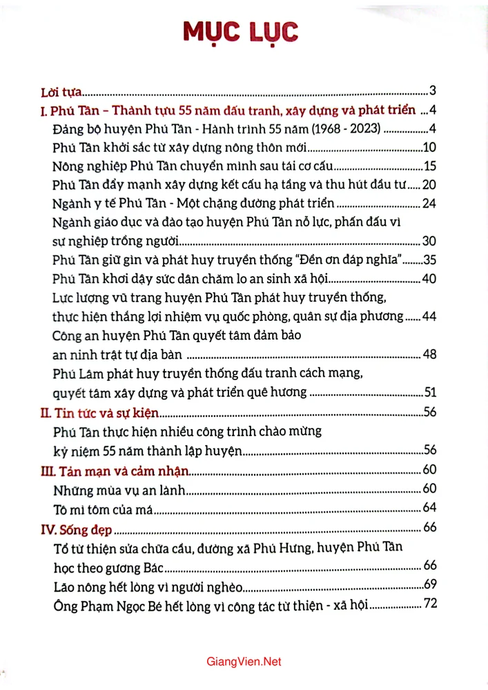 Trang 1 - Ảnh minh họa nội dung sách Phú Tân 55 năm đấu tranh hình thành và phát triển