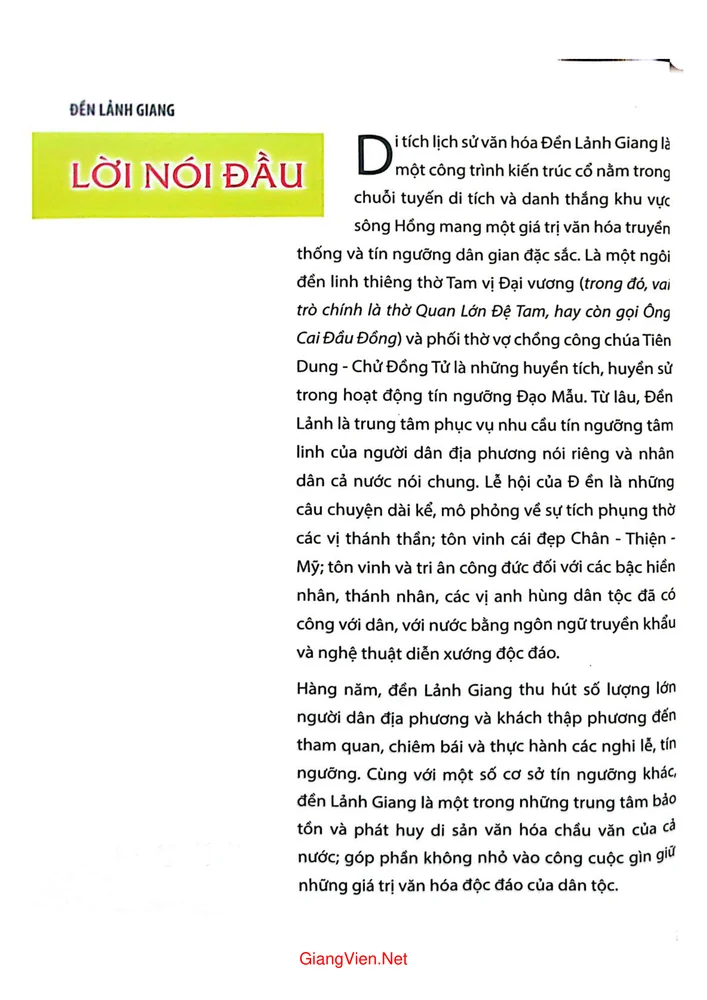 Trang 1 - Ảnh minh họa nội dung sách Đền Lảnh Giang, điểm du lịch văn hóa tâm linh
