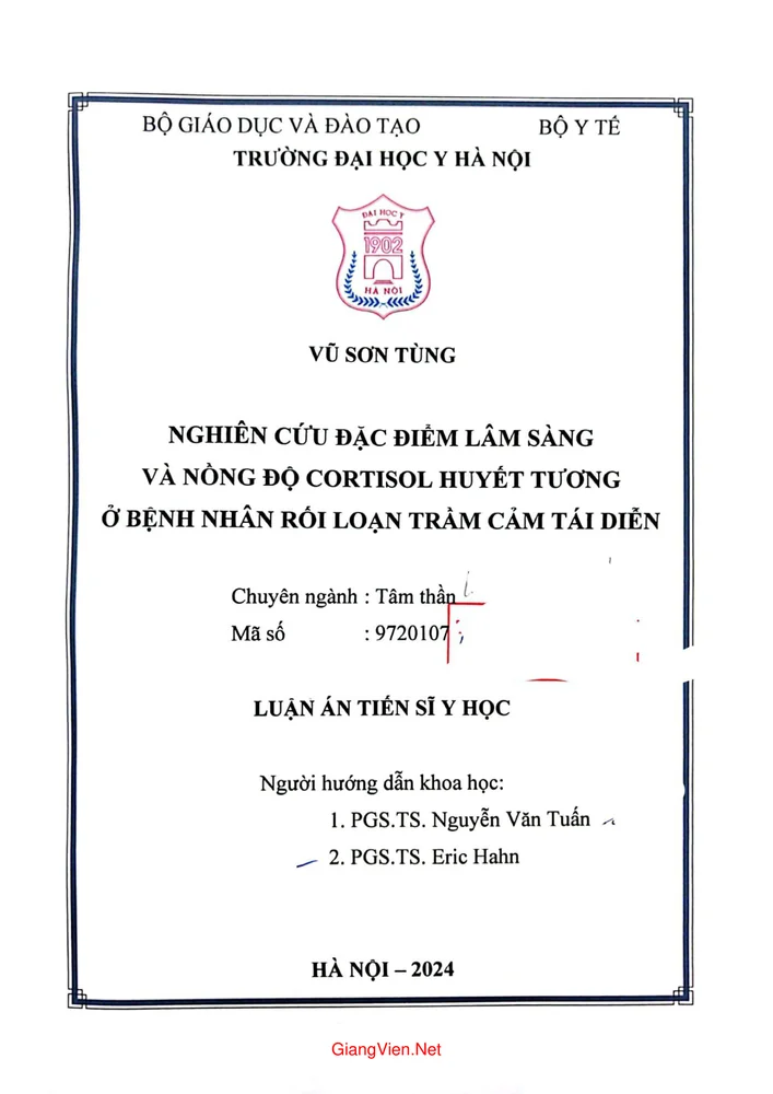 Nghiên cứu đặc điểm lâm sàng và nồng độ cồn thì Cortisol huyết tương ở bệnh nhân rối loạn trầm cảm tái diễn