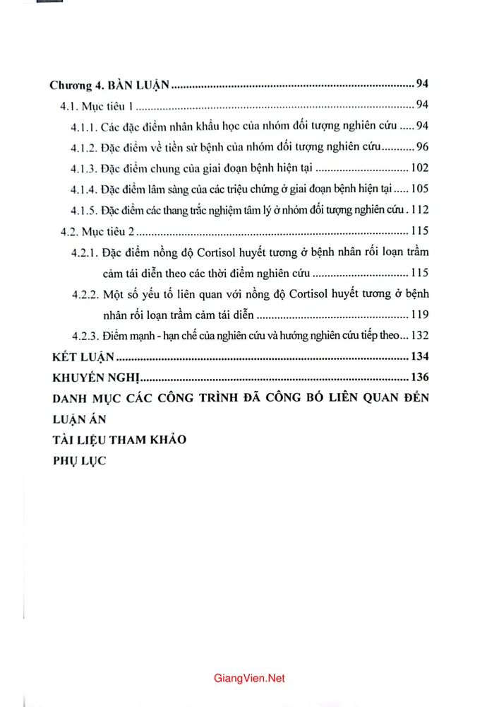 Trang 3 - Ảnh minh họa nội dung sách Nghiên cứu đặc điểm lâm sàng và nồng độ cồn thì Cortisol huyết tương ở bệnh nhân rối loạn trầm cảm tái diễn